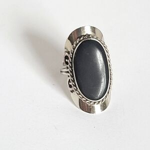 Vintage Boho Native Alpaca Silver Black Onyx Oval Cabochon Large Statement Ring